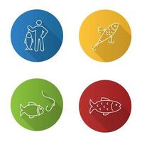 conjunto de iconos de sombra larga lineal plana de pesca. pescador, señuelo, pez y anzuelo. ilustración de contorno vectorial vector