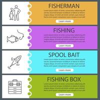 Fishing web banner templates set. Fisherman, lure, fish and hook, tackle box. Website menu items. Vector headers design concepts