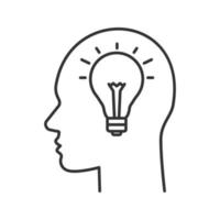 Human head with lightbulb inside linear icon. Creativity. Thin line illustration. New ideas. Imagination. Contour symbol. Vector isolated outline drawing