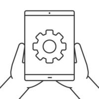 manos sosteniendo el icono lineal de la computadora de la tableta. configuración de dispositivo. ilustración de línea delgada. tableta con rueda dentada. símbolo de contorno dibujo de contorno aislado vectorial