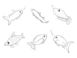 Set of  silhouette underwater doodle outline fish icon cartoon abstract background art design vector illustration