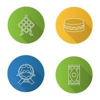 icono de glifo de sombra larga de diseño plano de cultura islámica. ketupat, tambores daf, alfombra de oración. ilustración de silueta vectorial vector