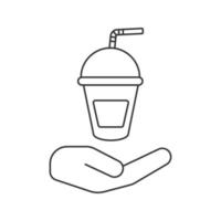 Open hand with plastic cup linear icon. Takeout soda drink. Thin line illustration. Lemonade. Contour symbol. Vector isolated outline drawing