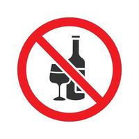 Forbidden sign with wine bottle and glass glyph icon. Stop silhouette symbol. No alcohol prohibition. Negative space. Vector isolated illustration