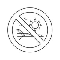 Forbidden sign with sun lounger linear icon. Thin line illustration. Do not use deck chair. Closed beach. Stop contour symbol. Vector isolated outline drawing