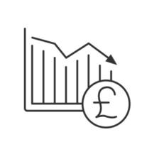 British pound falling linear icon. Statistics diagram with gbp sign. Thin line illustration. Financial collapse. Contour symbol. Vector isolated outline drawing