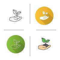 Open hand with sprout icon. Flat design, linear and color styles. Environment protection. Agriculture. Isolated vector illustrations