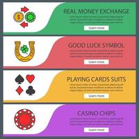 Casino web banner templates set. Real money exchange, good luck symbol, playing cards suits, casino chip. Website color menu items. Vector headers design concepts