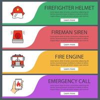 conjunto de plantillas de banner web de extinción de incendios. casco, sirena de bombero, camión de bomberos, llamada de emergencia. elementos del menú de color del sitio web. conceptos de diseño de encabezados vectoriales vector