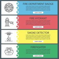 Firefighting web banner templates set. Firefighter's badge, fire hydrant, smoke detector, fireman. Website color menu items with linear icons. Vector headers design concepts