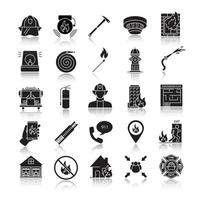 Firefighting drop shadow black glyph icons set. Fire station equipment. Isolated vector illustrations