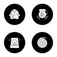 Firefighting glyph icons set. Fire hose, hard hat, alarm bell, fireman siren. Vector white silhouettes illustrations in black circles