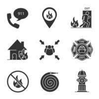 Firefighting glyph icons set. Emergency call, fire location, evacuation, burning house, assembly point, bonfire prohibition, badge, hydrant, hose. Silhouette symbols. Vector isolated illustration