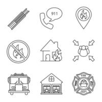 Firefighting linear icons set. Double extension ladder, emergency call, burning house, assembly point, firefighter badge, fire location. Thin line contour symbols. Isolated vector outline illustration