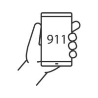 Emergency calling linear icon. Thin line illustration. Hand holding smartphone with 911 number. Contour symbol. Vector isolated outline drawing