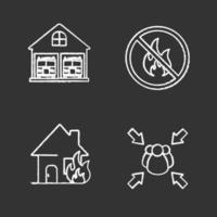 Firefighting chalk icons set. Burning house, fire station, fire assembly point, bonfire prohibition. Isolated vector chalkboard illustrations
