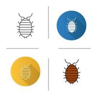 Woodlouse icon. Flat design, linear and color styles. Roll up bug. Sowbug. Isolated vector illustrations