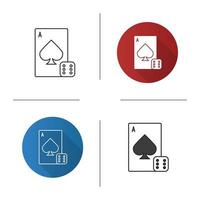 Dice and playing card icon. Flat design, linear and color styles. Casino. Gambling. Isolated vector illustrations