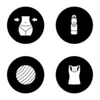 Fitness glyph icons set. Sport equipment. Weight loss, sports water bottle, fitball, tank top. Vector white silhouettes illustrations in black circles