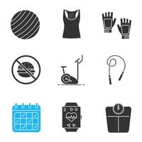 Fitness glyph icons set. Fitball, tank top, gym gloves, healthy nutrition, exercise bike, jump rope, calendar, floor scales, sports bracelet. Silhouette symbols. Vector isolated illustration