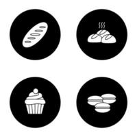 Bakery glyph icons set. Bread loaf, dinner rolls, cupcake, macarons. Vector white silhouettes illustrations in black circles