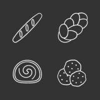 conjunto de iconos de tiza de panadería. baguette, jalá, rollo suizo, chispas de chocolate. Ilustraciones de vector pizarra