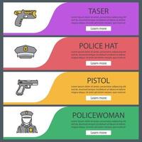 Police web banner templates set. Taser, cop hat, gun, policewoman. Website color menu items. Vector headers design concepts