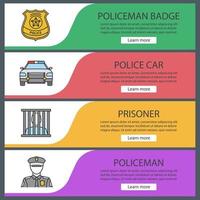 Police web banner templates set. Policeman, badge, car, prisoner. Website color menu items. Vector headers design concepts