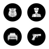 Police glyph icons set. Policeman, gun, car, police badge. Vector white silhouettes illustrations in black circles