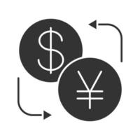 Dollar and yen currency exchange glyph icon. Silhouette symbol. Negative space. Refund. Vector isolated illustration