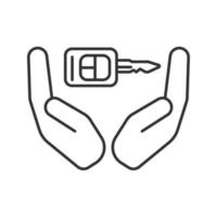 Open palms with car key linear icon. Real estate insurance. Thin line illustration. Car alarm system. Contour symbol. Vector isolated outline drawing
