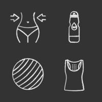 conjunto de iconos de tiza de fitness. equipo de deporte. pérdida de peso, botella de agua deportiva, fitball, camiseta sin mangas. Ilustraciones de vector pizarra