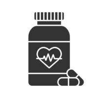 Pills bottle with heart glyph icon. Cardio supplement. Medications. Silhouette symbol. Negative space. Vector isolated illustration