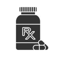 Rx pill bottle glyph icon. Medications. Silhouette symbol. Negative space. Vector isolated illustration