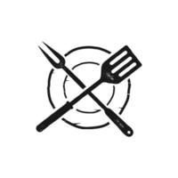 Fork and spatula logo crossed silhouette as symbol barbecue food preparation hand drawn stamp effect vector illustration. Vintage grunge texture emblem for bbq packaging