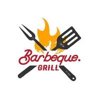 Barbeque vintage logo design. grill food, fire, and spatula concept template Vector flat illustration