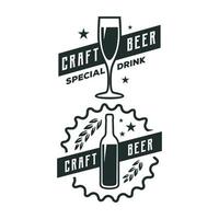 craft beer pub, brewery, bar logo design with bottle and sunrburst silhouette. Vector label, emblem, typography.