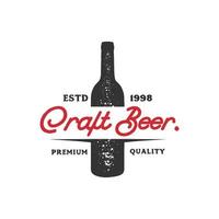 Textured craft beer pub, brewery, bar logo design with bottle and sunrburst silhouette. Vector label, emblem, typography.