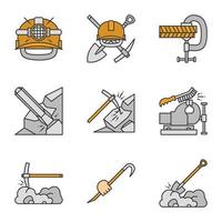 Construction tools color icons set. Safety helmet, mining emblem, screw clamp, pickaxe, crowbar in hand, bench vice and wire brush, iron chisel, digging shovel. Isolated vector illustrations