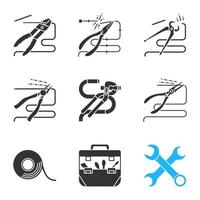 Construction tools glyph icons set. Pliers, tongs, nippers, pincers cutting wire, crossed wrenches, adhesive tape, tool bag. Silhouette symbols. Vector isolated illustration