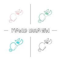 Hand holding wrench hand drawn icons set. Combination spanner. Color brush stroke. Isolated vector sketchy illustrations