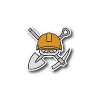 Crossed shovel and pickaxe with hard hat patch. Mining emblem. Color sticker. Vector isolated illustration