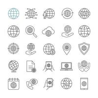 conjunto de iconos lineales en todo el mundo. conexión a internet, rutas internacionales, mapas del mundo y globos terráqueos. símbolos de contorno de línea delgada. ilustraciones aisladas de contorno vectorial. trazo editable vector