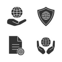 Safe internet connection glyph icons set. Hands holding globe, Earth inside shield, web document. Silhouette symbols. Vector isolated illustration