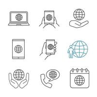 Worldwide linear icons set. Tablet pc internet, smartphone and laptop, planet in hands, Earth population, internet call, global calendar. Thin line contour symbol. Isolated vector outline illustration