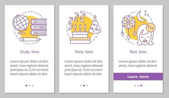 Study, party and rest time onboarding mobile app page screen with linear concepts. Daily student schedule steps graphic instructions. UX, UI, GUI vector template with illustrations