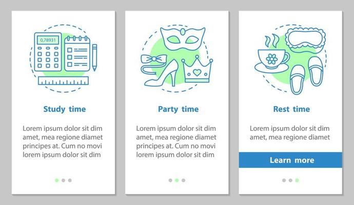 Study, party and rest time onboarding mobile app page screen with linear concepts. Daily student schedule steps graphic instructions. UX, UI, GUI vector template with illustrations