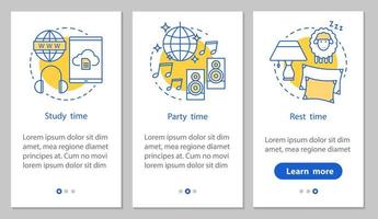 Study, party and rest time onboarding mobile app page screen with linear concepts. Daily student schedule steps graphic instructions. UX, UI, GUI vector template with illustrations