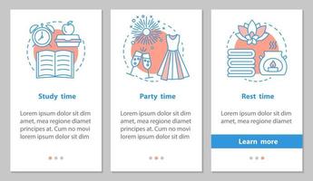 Study, party and rest time onboarding mobile app page screen with linear concepts. Daily student schedule steps graphic instructions. UX, UI, GUI vector template with illustrations