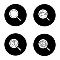 Frying pans glyph icons set. Fried fish, eggs and meat steak. Vector white silhouettes illustrations in black circles